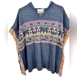 Zara Trafaluc hooded poncho, M, blue with southwestern pattern, fringe, Boho